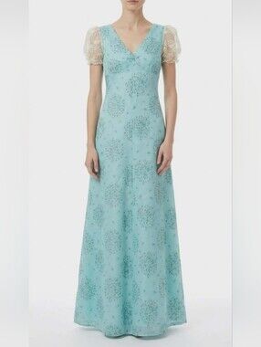 Vintage Handmade Victorian Medieval Blue Floral Maxi Dress
